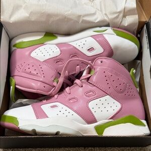 Jordan Kids Pink and White Sneakers with Green Accents